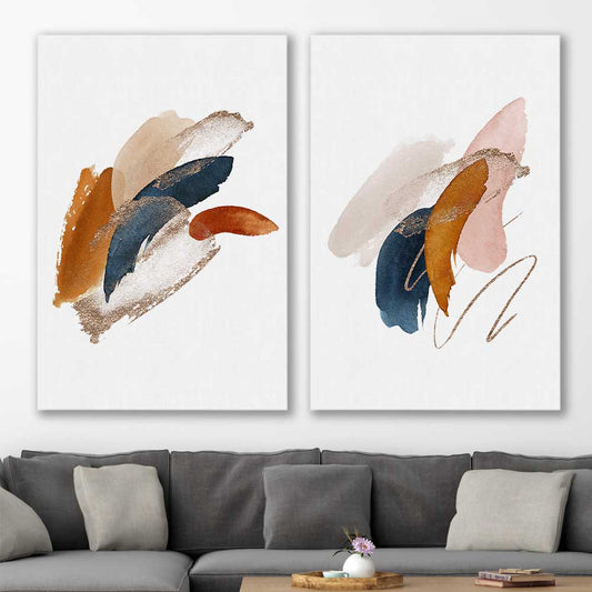 Abstract Strokes Pair stretched canvas displayed in a room - part of our high quality canvas abstract wall art collection