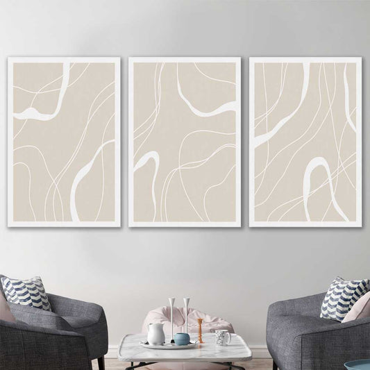 Beige Lines Set stretched canvas displayed in a room - part of our high quality canvas abstract wall art collection