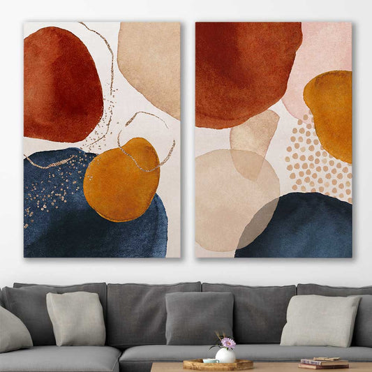 Beige Navy Pair stretched canvas displayed in a room - part of our high quality canvas abstract wall art collection