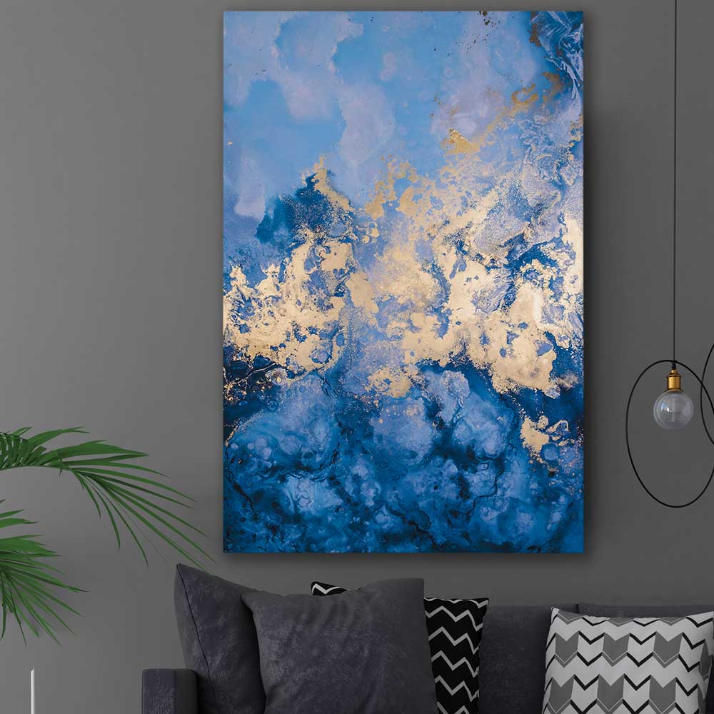 Blue and Gold Flow stretched canvas displayed in a room - part of our high quality canvas abstract wall art collection