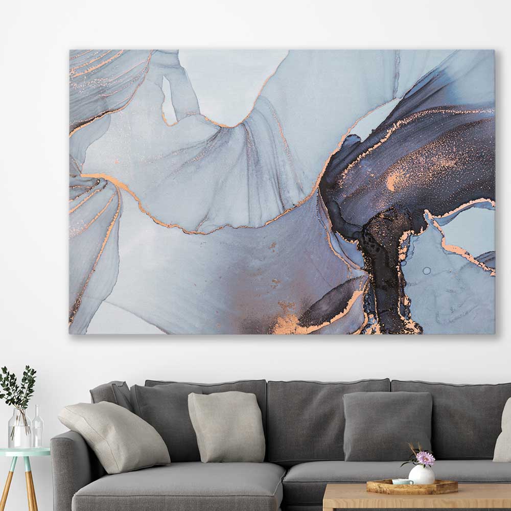 Blue Grains stretched canvas displayed in a room - part of our high quality canvas abstract wall art collection