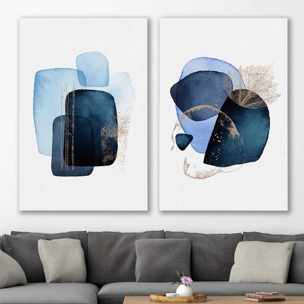 Blue Ivory Pair stretched canvas displayed in a room - part of our high quality canvas abstract wall art collection