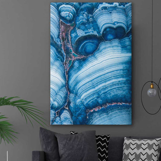 Blue Stratum stretched canvas displayed in a room - part of our high quality canvas abstract wall art collection