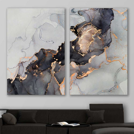 Darkened Gold Pair stretched canvas displayed in a room - part of our high quality canvas abstract wall art collection