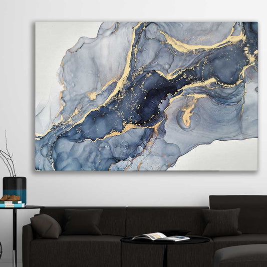 Drifting Blues stretched canvas displayed in a room - part of our high quality canvas abstract wall art collection