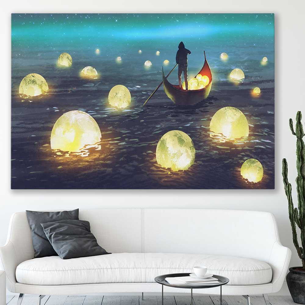 Glowing Moons stretched canvas displayed in a room - part of our high quality canvas abstract wall art collection