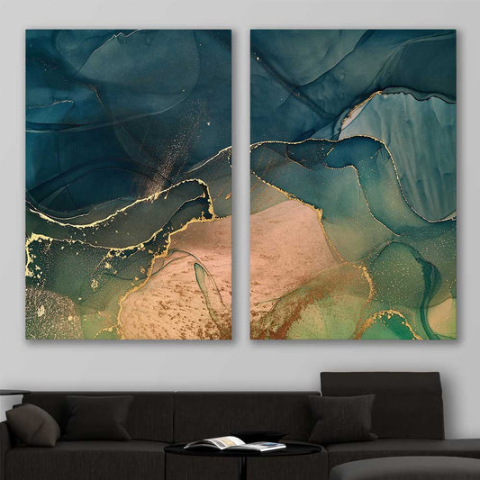 Golden Mist Pair stretched canvas displayed in a room - part of our high quality canvas abstract wall art collection