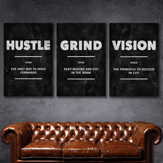 Inspirational wall art print of Hustle Definition Set on a stretched canvas displayed in a room
