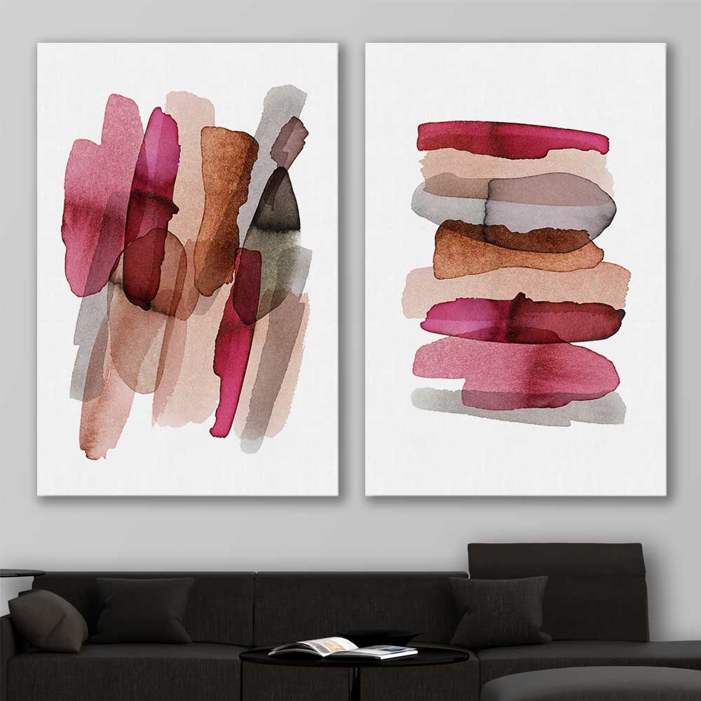 Maroon Tones Pair stretched canvas displayed in a room - part of our high quality canvas abstract wall art collection