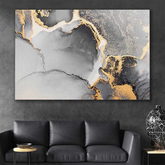 Meandering Greys stretched canvas displayed in a room - part of our high quality canvas abstract wall art collection