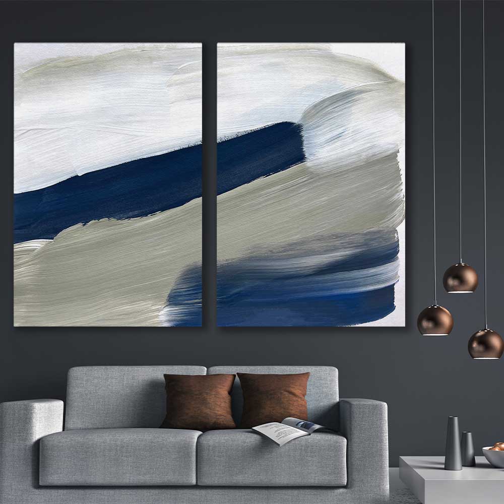 Navy Ocean Pair stretched canvas displayed in a room - part of our high quality canvas abstract wall art collection