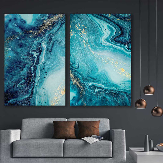 Turquoise Ocean Pair stretched canvas displayed in a room - part of our high quality canvas abstract wall art collection