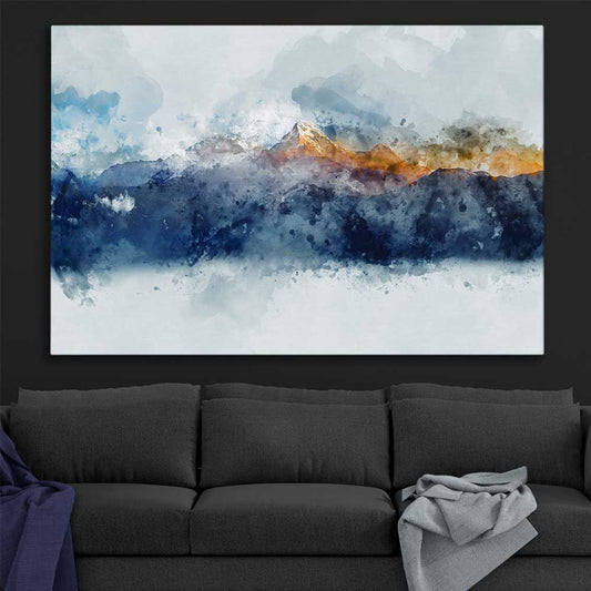 Watercolour Mountains stretched canvas displayed in a room - part of our high quality canvas abstract wall art collection