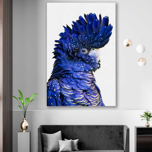 Animal wall art and canvas prints of Black Cockatoo Two on a stretched canvas displayed in a room