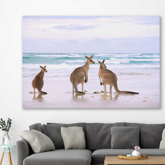 Animal wall art and canvas prints of Kangaroo Couple on a stretched canvas displayed in a room