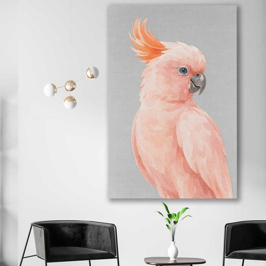 Animal wall art and canvas prints of Salmon-crested Cockatoo on a stretched canvas displayed in a room