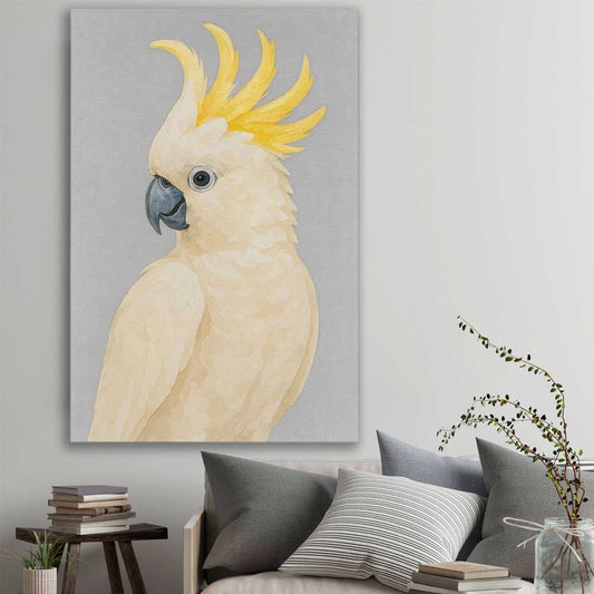 Animal wall art and canvas prints of Sulphur-crested Cockatoo on a stretched canvas displayed in a room