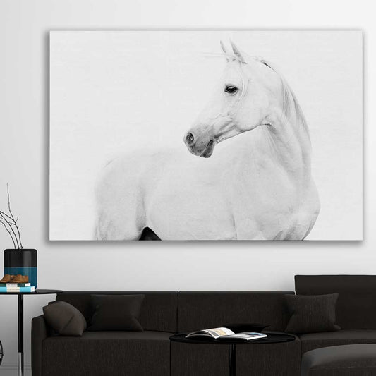 Animal wall art and canvas prints of White Horse on a stretched canvas displayed in a room