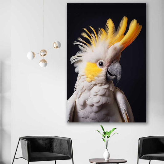 Animal wall art and canvas prints of Yellow Cockatoo One on a stretched canvas displayed in a room