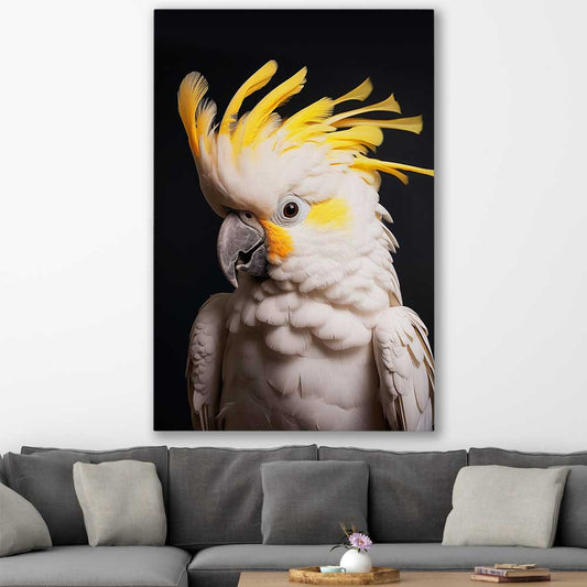 Animal wall art and canvas prints of Yellow Cockatoo Two on a stretched canvas displayed in a room