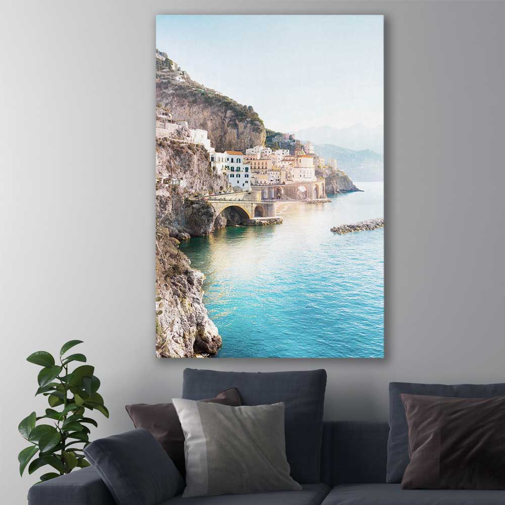 Beach and coastal wall art print of Amalfi Edge on a stretched canvas displayed in a room