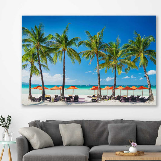 Beach and coastal wall art print of Boracay Paradise on a stretched canvas displayed in a room