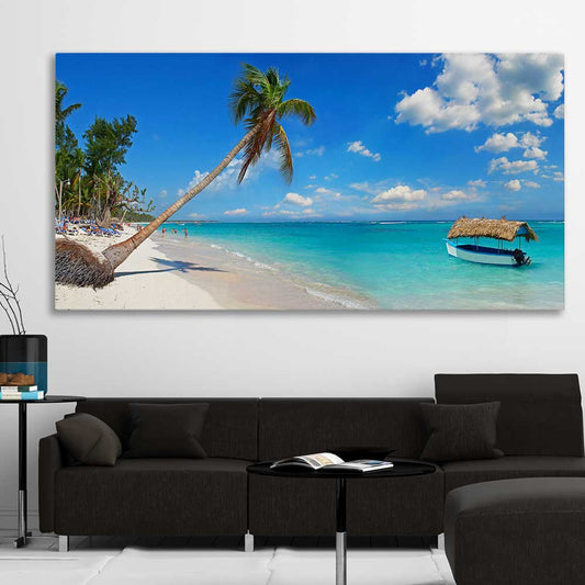 Beach and coastal wall art print of Dominican Republic Beach on a stretched canvas displayed in a room