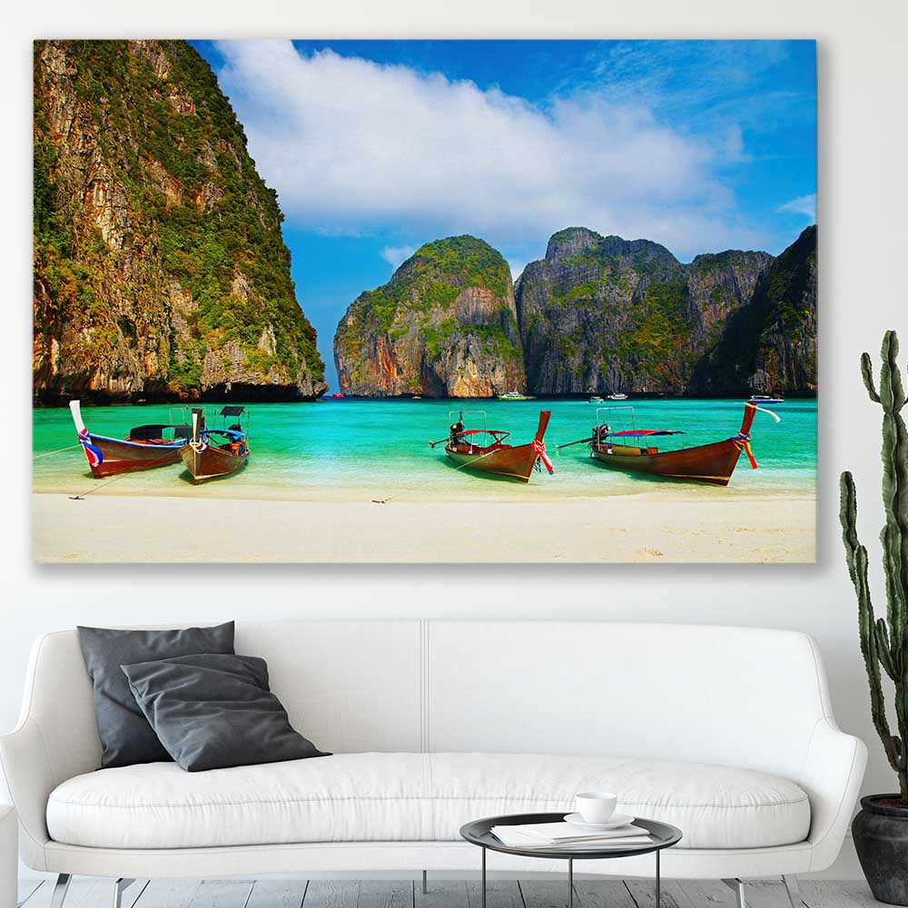 Beach and coastal wall art print of Maya Bay Beach on a stretched canvas displayed in a room