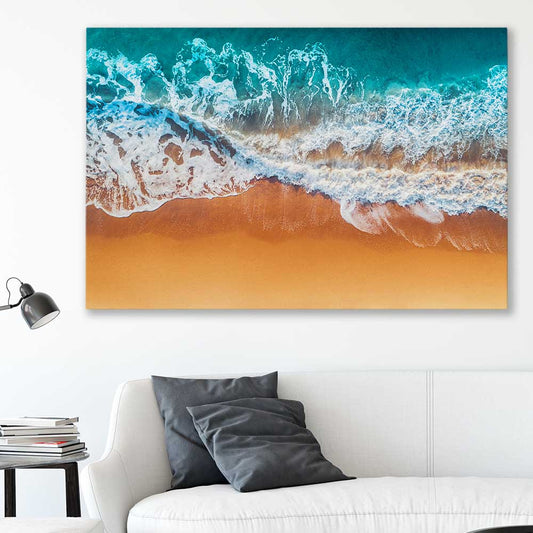Beach and coastal wall art print of Sandy Waves on a stretched canvas displayed in a room
