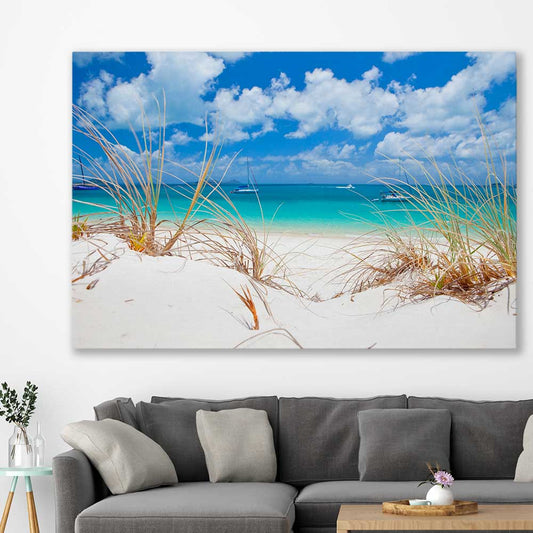 Beach and coastal wall art print of Serene Whitehaven Beach on a stretched canvas displayed in a room