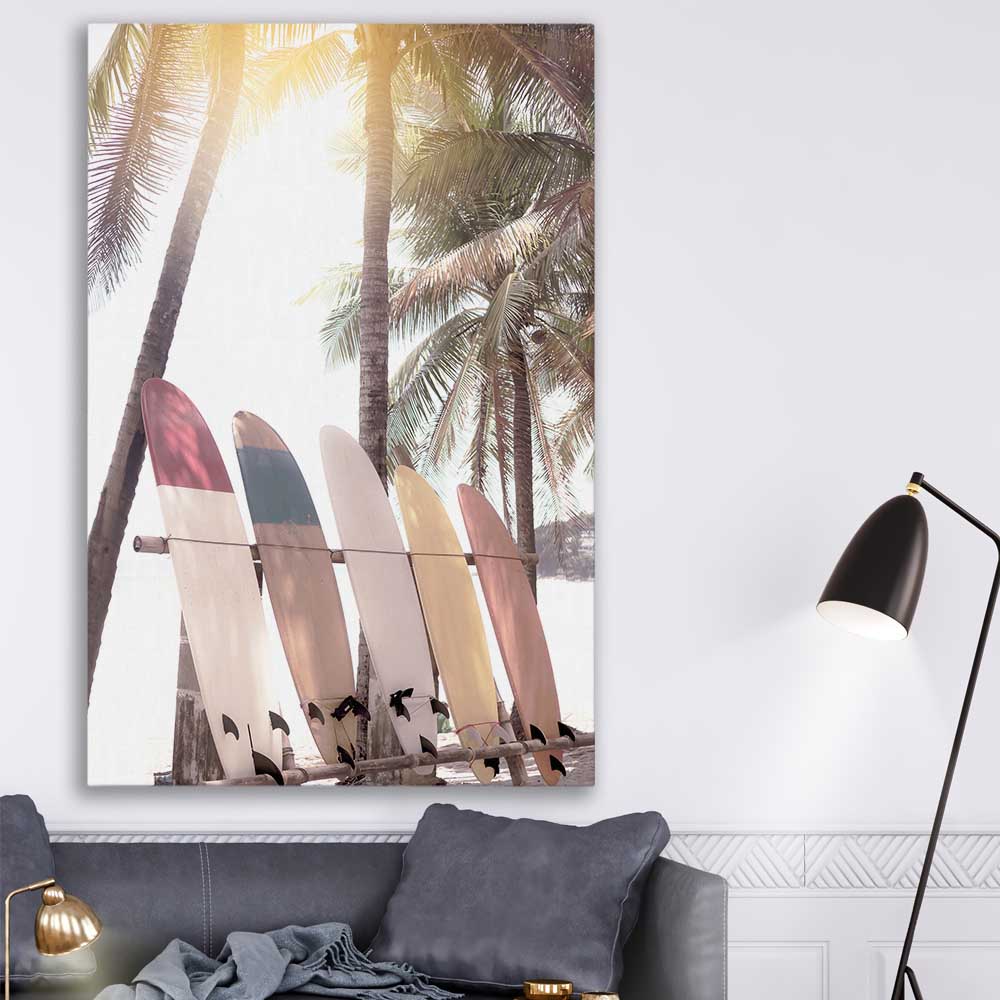 Beach and coastal wall art print of Surf Sunset on a stretched canvas displayed in a room