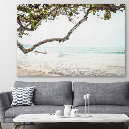 Beach and coastal wall art print of Tropical Beach on a stretched canvas displayed in a room