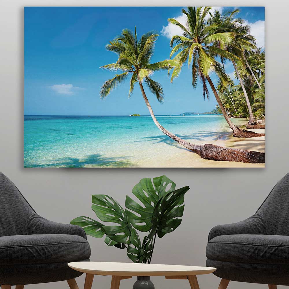 Beach and coastal wall art print of Tropical Paradise on a stretched canvas displayed in a room