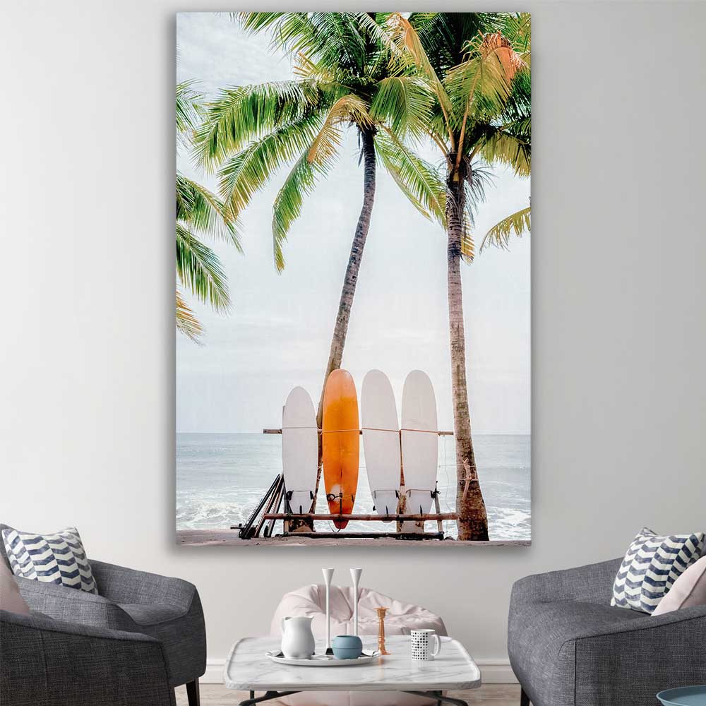 Beach and coastal wall art print of Tropical Surf on a stretched canvas displayed in a room