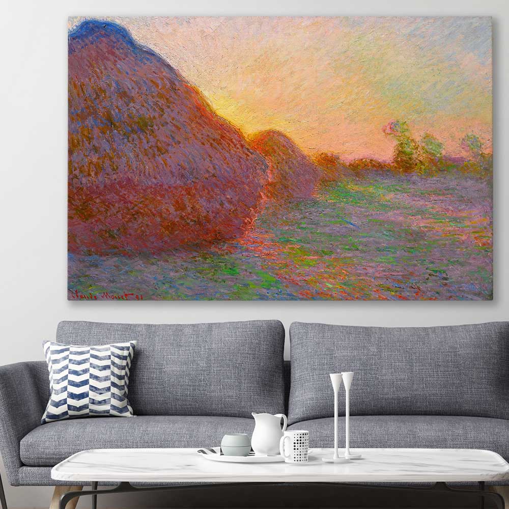 Classic wall art and canvas print of Haystacks Claude Monet on a stretched canvas displayed in a room