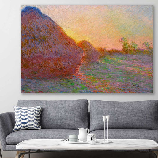 Classic wall art and canvas print of Haystacks Claude Monet on a stretched canvas displayed in a room