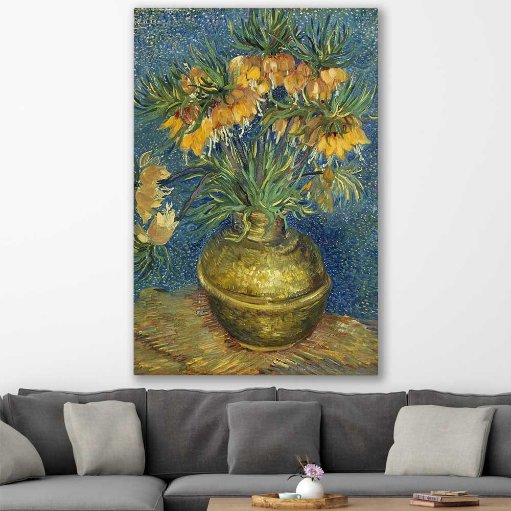 Classic wall art and canvas print of Imperial Fritillaries Van Gogh on a stretched canvas displayed in a room