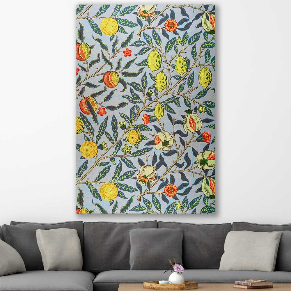 Classic wall art and canvas print of Pomegranate William Morris on a stretched canvas displayed in a room