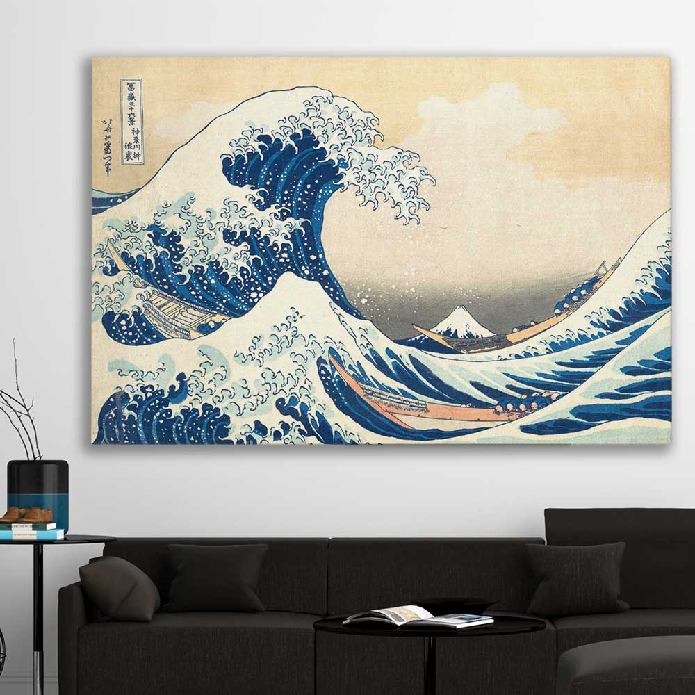 Classic wall art and canvas print of The Great Wave Hokusai on a stretched canvas displayed in a room