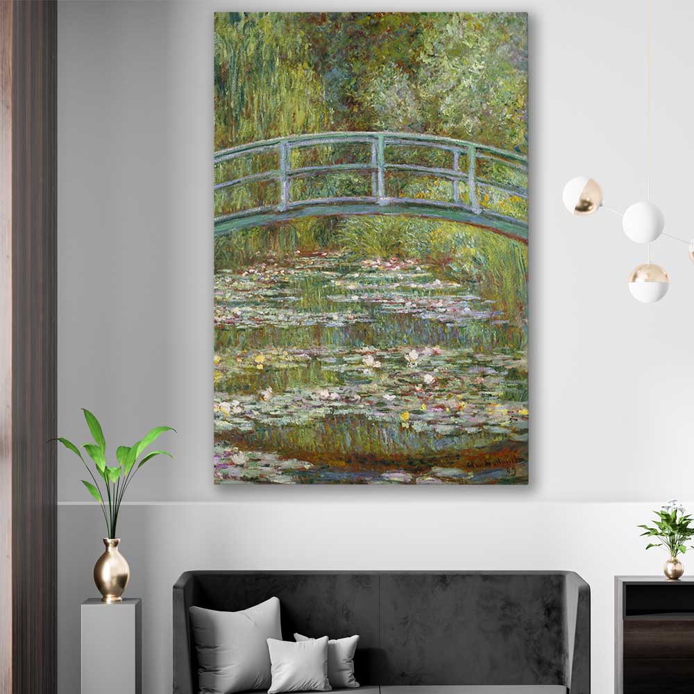 Classic wall art and canvas print of Water Lilies Pond Claude Monet on a stretched canvas displayed in a room