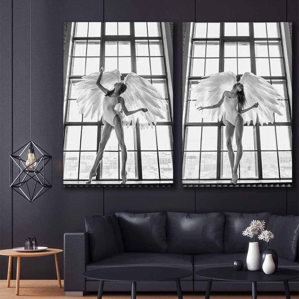Angel Love Pair stretched canvas displayed in a room - part of our high quality fashion canvas wall art and prints collection