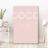 Coco Fashion Pink stretched canvas displayed in a room - part of our high quality fashion canvas wall art and prints collection