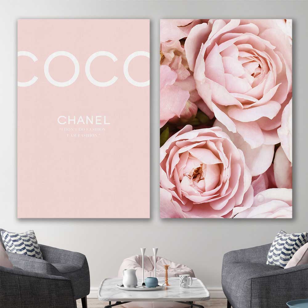 Coco Pink Pair stretched canvas displayed in a room - part of our high quality fashion canvas wall art and prints collection