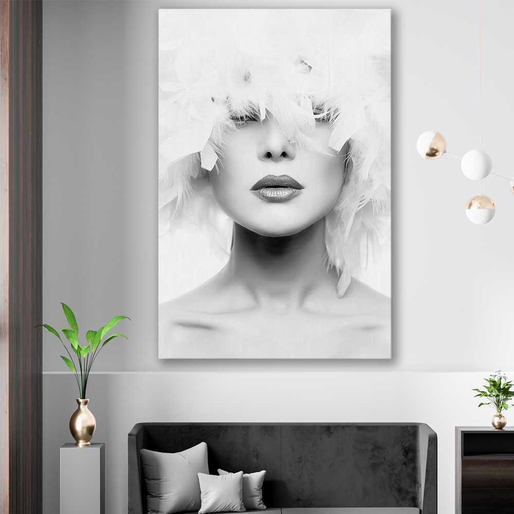Feather Lips stretched canvas displayed in a room - part of our high quality fashion canvas wall art and prints collection