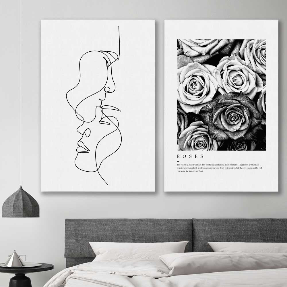 Grey Flowers Pair stretched canvas displayed in a room - part of our high quality fashion canvas wall art and prints collection