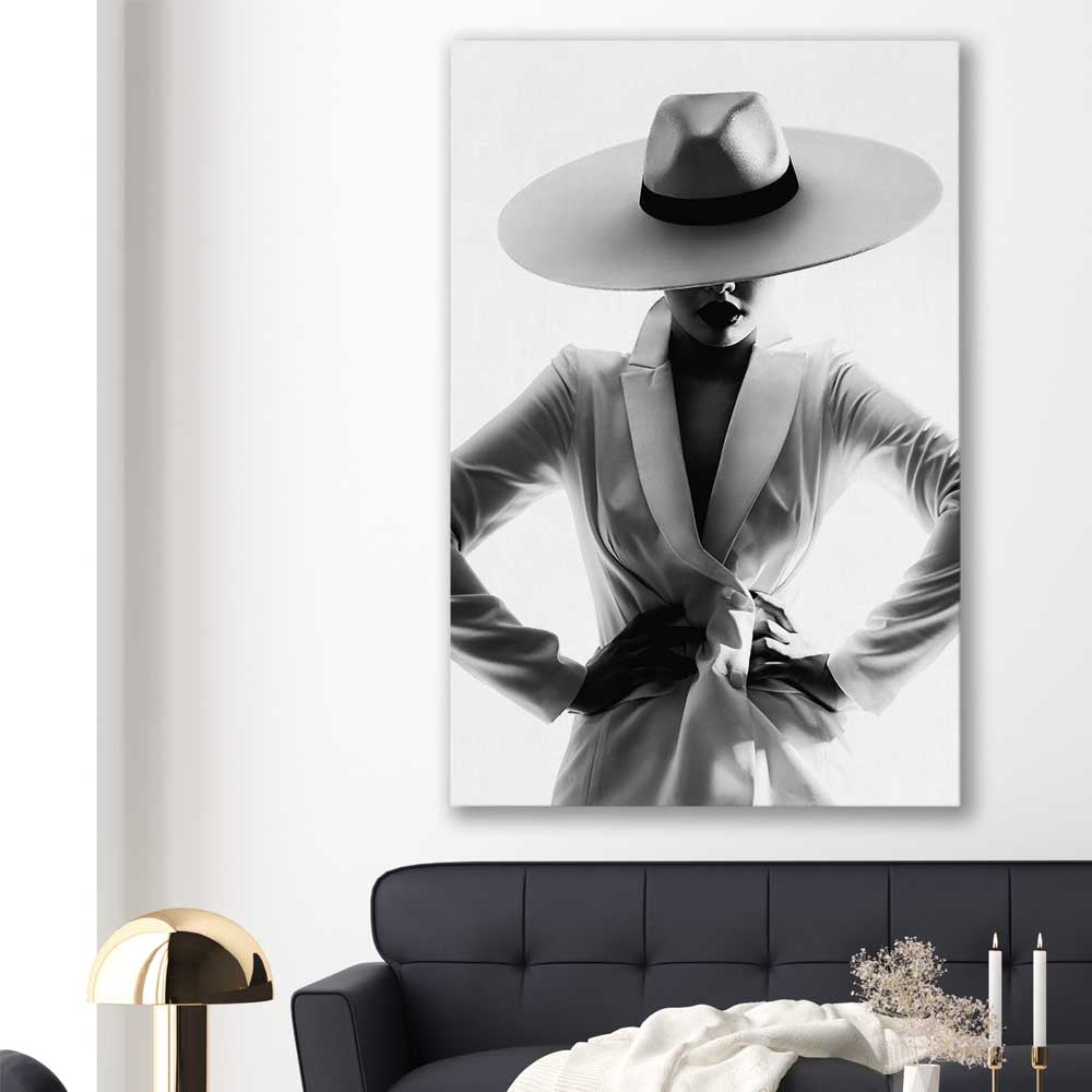 White Hat Gaze stretched canvas displayed in a room - part of our high quality fashion canvas wall art and prints collection