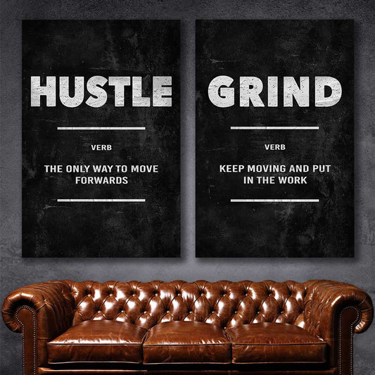 Inspirational wall art print of Hustle Definition Pair on a stretched canvas displayed in a room