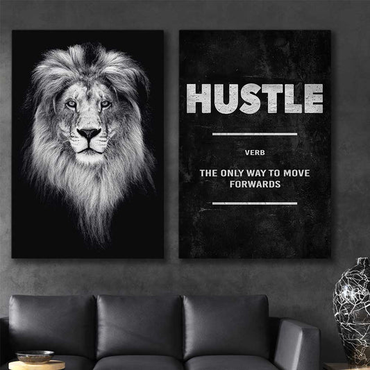 Inspirational wall art print of Lion Gaze Pair on a stretched canvas displayed in a room