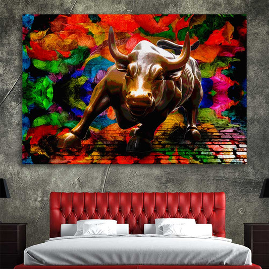 Inspirational wall art print of Raging Bull on a stretched canvas displayed in a room