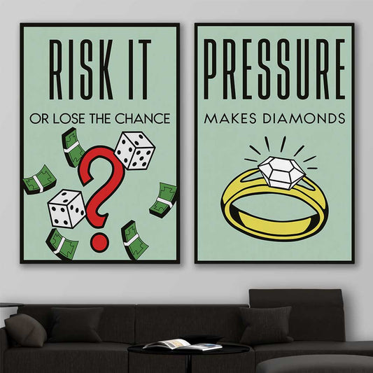 Inspirational wall art print of Roll the Dice Pair on a stretched canvas displayed in a room